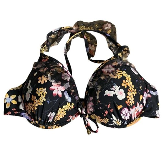 Time and Tru Other - Time And Tru Women's Black Floral Lace Swim Bikini Halter Top